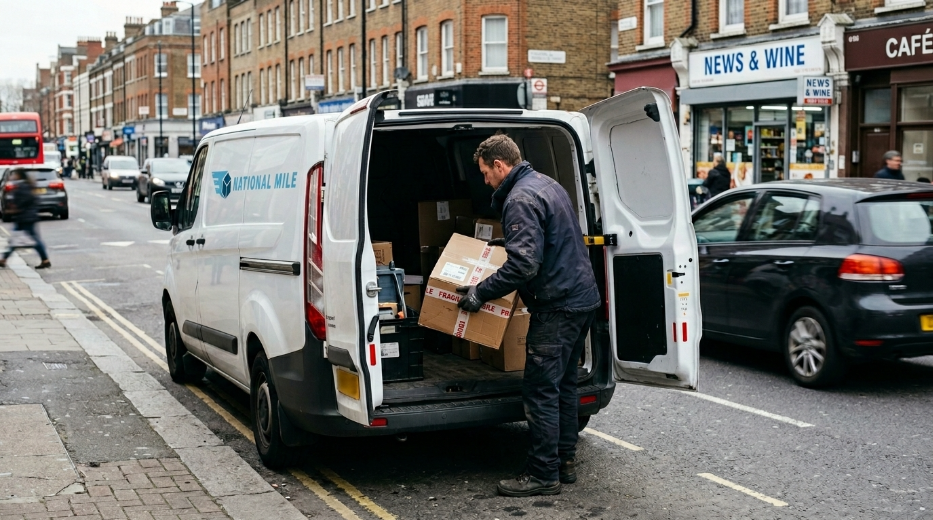 National Mile urgent courier van delivering directly to a UK business address